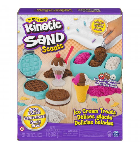 Kinetic Sand - ARENA MÁGICA - SET DELICIAS HELADAS - 454g de Arena de 3 Aromas y 6 Herramientas - Kit Manualidades Niños -