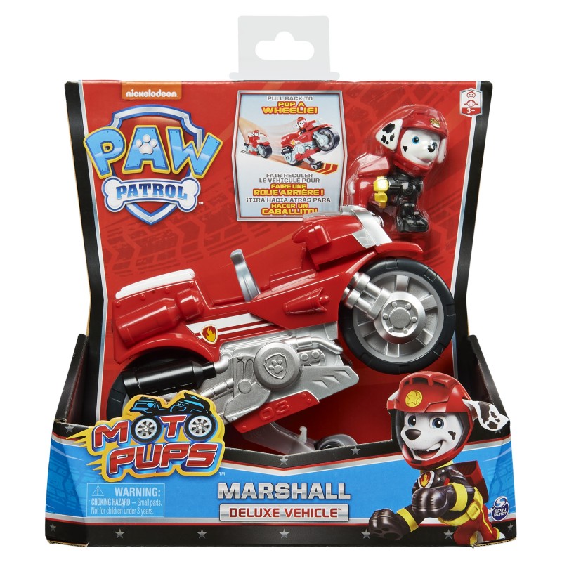 PAW Patrol , Moto Pups Marshall’s Deluxe Pull Back Motorcycle Vehicle with Wheelie Feature and Figure