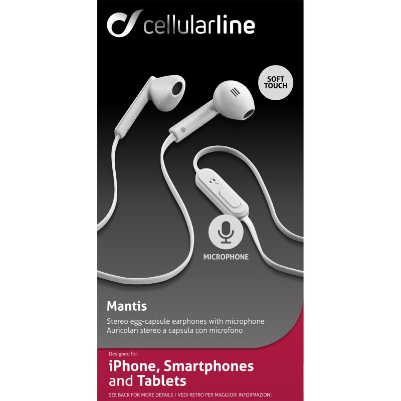 Cellularline Mantis - Universale Auricolari stereo a capsula con microfono e tasto di risposta Bianco