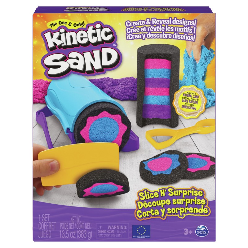 Kinetic Sand , Set Slice N’ Surprise con 380 g di sabbia nera, rosa e blu e 7 accessori, giocattolo per bambini dai 3 anni in su