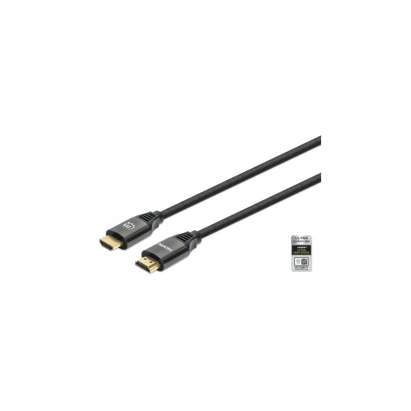 Manhattan HDMI Cable with Ethernet, 8K@60Hz (Ultra High Speed), 2m (Braided), Male to Male, Black, 4K@120Hz, Ultra HD 4k x 2k,