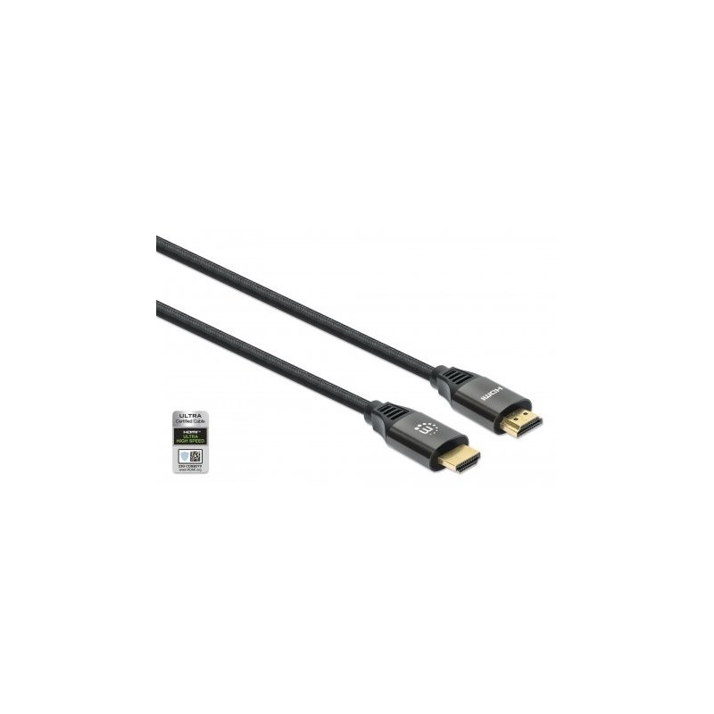 Manhattan HDMI Cable with Ethernet, 8K@60Hz (Ultra High Speed), 2m (Braided), Male to Male, Black, 4K@120Hz, Ultra HD 4k x 2k,