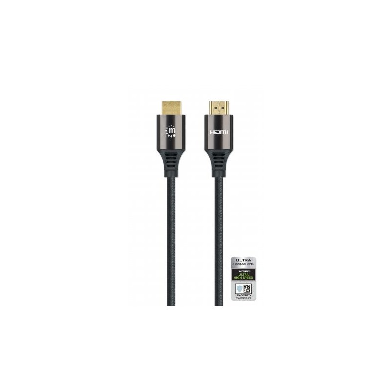 Manhattan HDMI Cable with Ethernet, 8K@60Hz (Ultra High Speed), 2m (Braided), Male to Male, Black, 4K@120Hz, Ultra HD 4k x 2k,