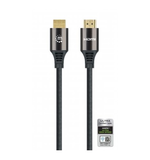 Manhattan HDMI Cable with Ethernet, 8K@60Hz (Ultra High Speed), 2m (Braided), Male to Male, Black, 4K@120Hz, Ultra HD 4k x 2k,