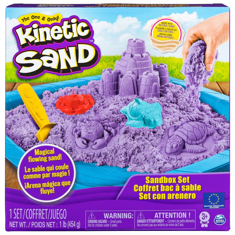 Kinetic Sand -ARENA MÁGICA - SET SANDBOX - Set con Arenero Niños, 454g de arena azul, morada o verde y 4 accesorios - Modelo