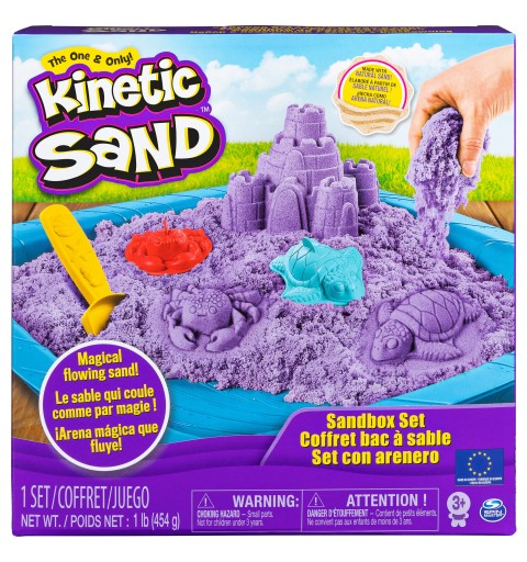 Kinetic Sand -ARENA MÁGICA - SET SANDBOX - Set con Arenero Niños, 454g de arena azul, morada o verde y 4 accesorios - Modelo