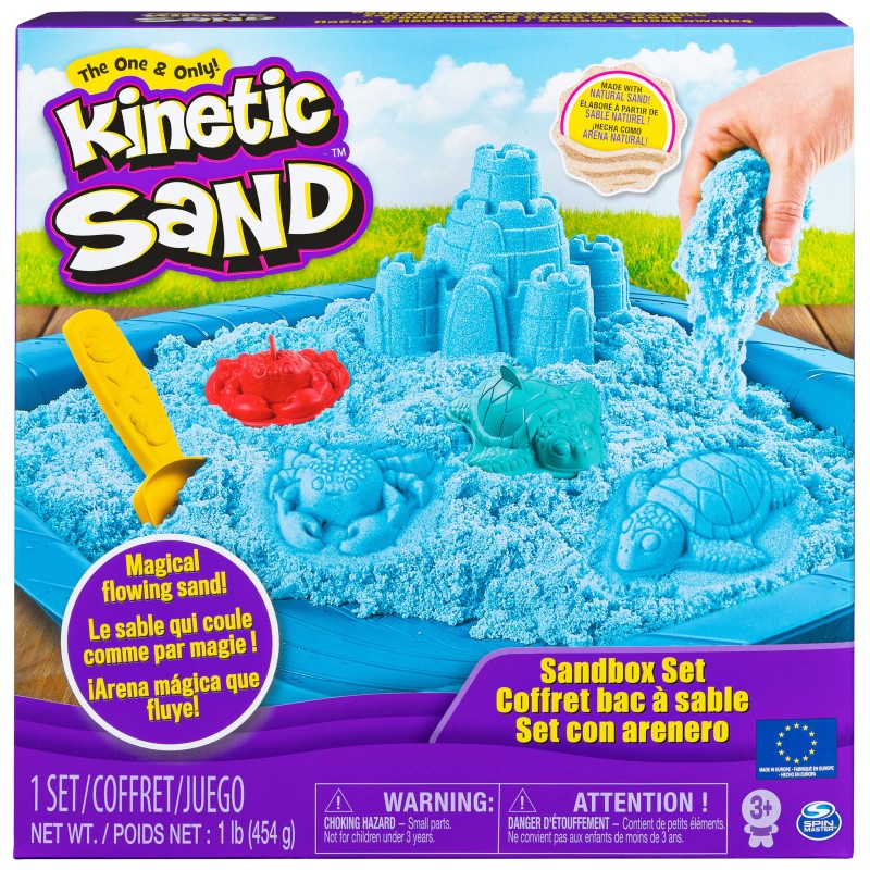 Kinetic Sand -ARENA MÁGICA - SET SANDBOX - Set con Arenero Niños, 454g de arena azul, morada o verde y 4 accesorios - Modelo