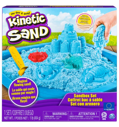 Kinetic Sand -ARENA MÁGICA - SET SANDBOX - Set con Arenero Niños, 454g de arena azul, morada o verde y 4 accesorios - Modelo