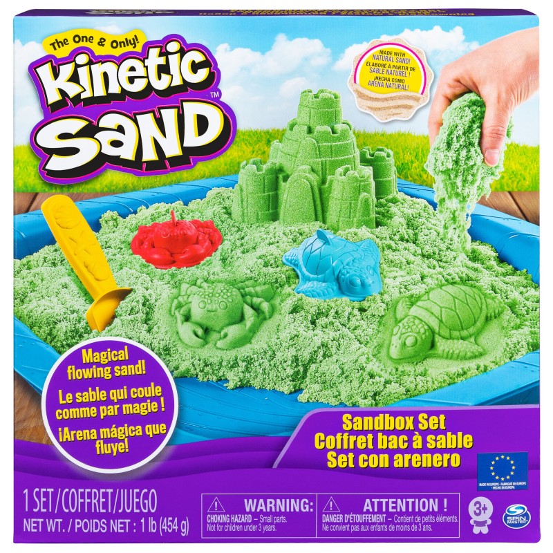 Kinetic Sand -ARENA MÁGICA - SET SANDBOX - Set con Arenero Niños, 454g de arena azul, morada o verde y 4 accesorios - Modelo