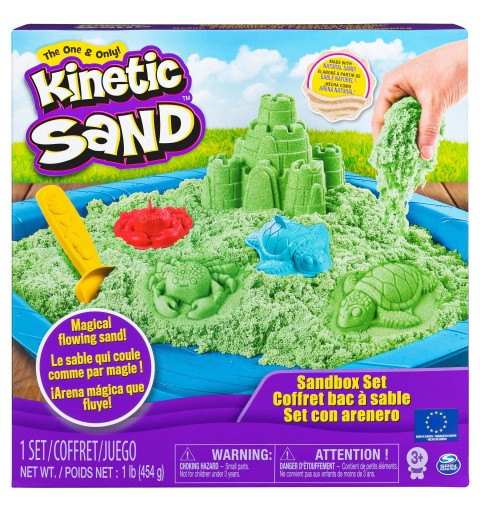 Kinetic Sand -ARENA MÁGICA - SET SANDBOX - Set con Arenero Niños, 454g de arena azul, morada o verde y 4 accesorios - Modelo