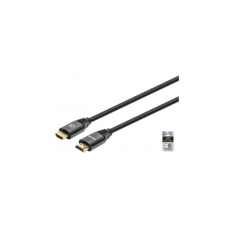 Manhattan HDMI Cable with Ethernet, 8K@60Hz (Ultra High Speed), 1m (Braided), Male to Male, Black, 4K@120Hz, Ultra HD 4k x 2k,