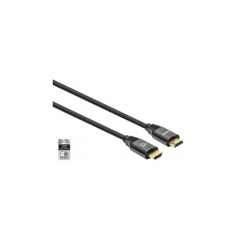 Manhattan HDMI Cable with Ethernet, 8K@60Hz (Ultra High Speed), 1m (Braided), Male to Male, Black, 4K@120Hz, Ultra HD 4k x 2k,