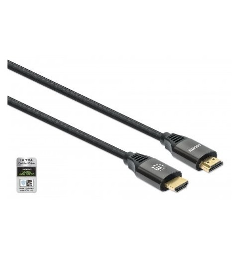 Manhattan HDMI Cable with Ethernet, 8K@60Hz (Ultra High Speed), 1m (Braided), Male to Male, Black, 4K@120Hz, Ultra HD 4k x 2k,