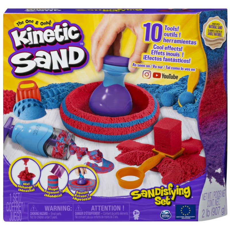 Kinetic Sand - ARENA MÁGICA - SET SANDISFYING - 907g de Arena Azul y Roja con 10 Moldes y Accesorios - Kit Manualidades Niños -