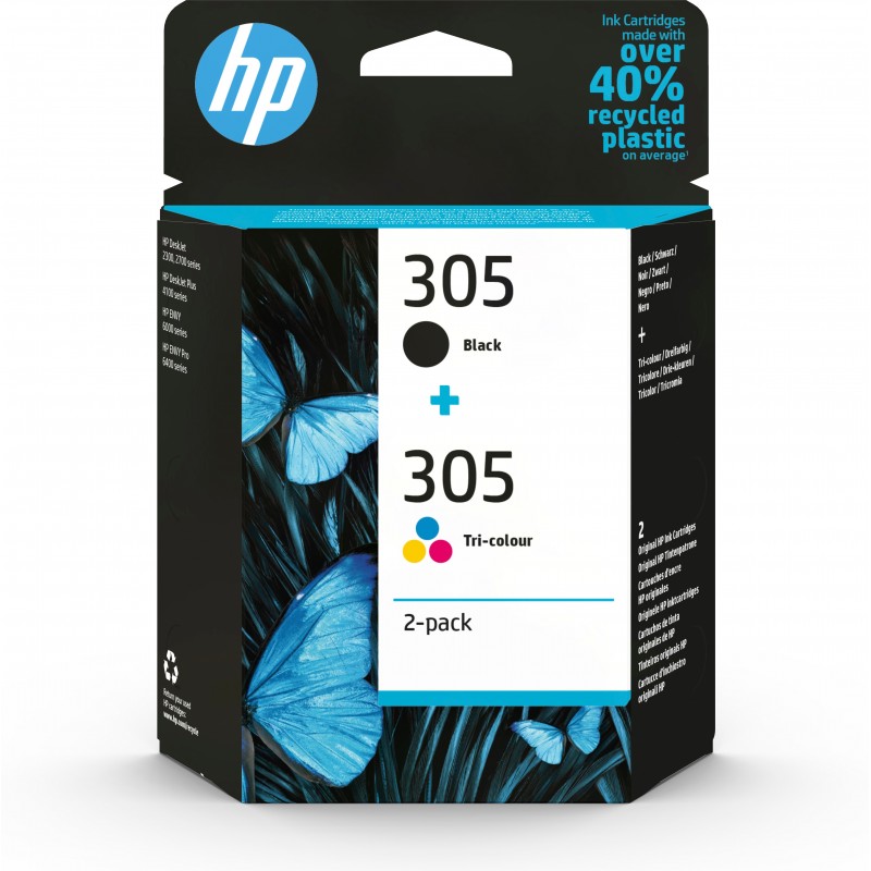 HP Paquete de 2 cartuchos de tinta original 305 tricolor negro