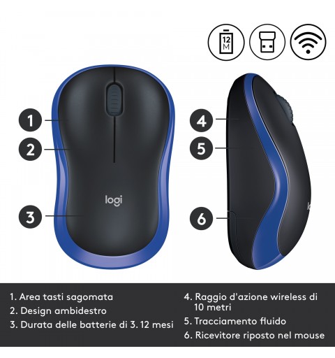 Logitech M185 Mouse Wireless, 2,4 GHz con Mini Ricevitore USB, Durata Batteria di 12 Mesi, Tracciamento Ottico 1000 DPI,