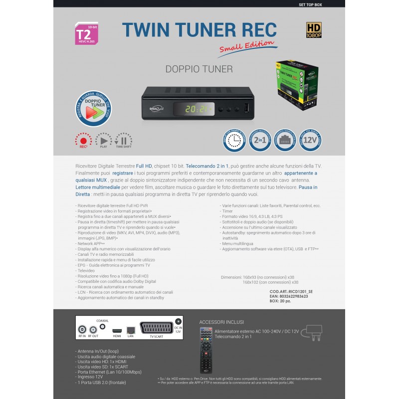 Digiquest Twin Tuner Small Edition Ethernet (RJ-45), Terrestre Full HD Negro