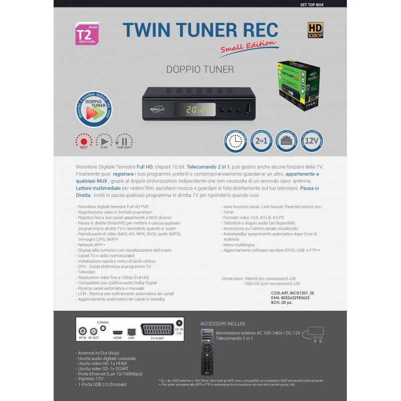 Digiquest Twin Tuner Small Edition Ethernet (RJ-45), Terrestre Full HD Noir