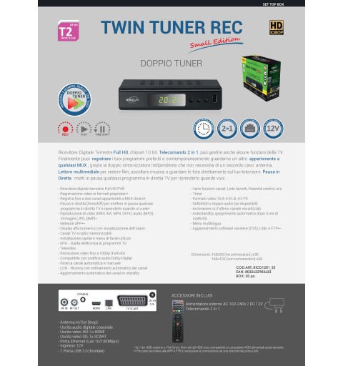 Digiquest Twin Tuner Small Edition Ethernet (RJ-45), Terrestre Full HD Negro