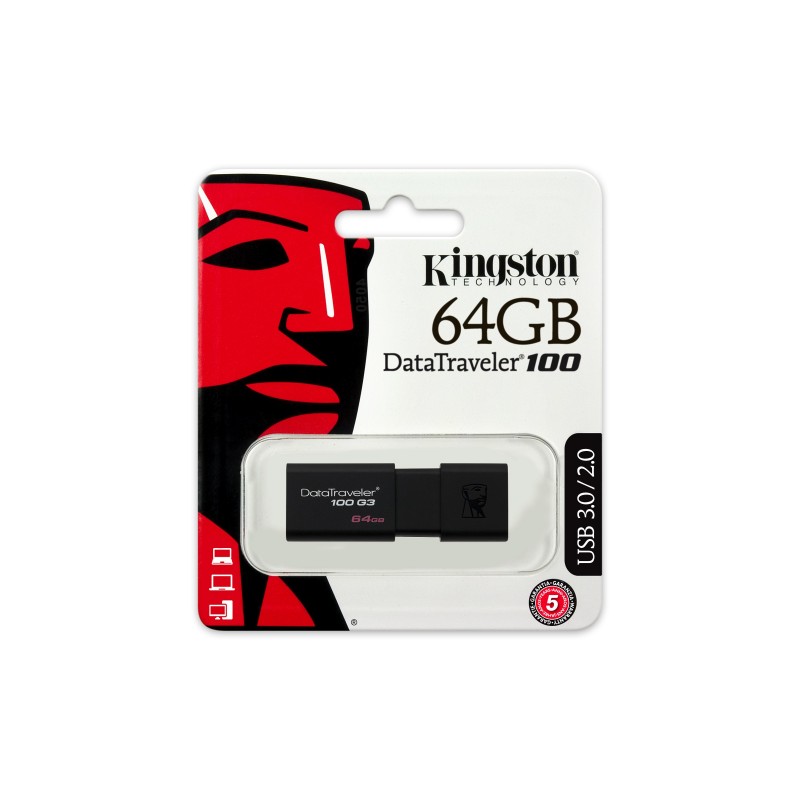 Kingston Technology DataTraveler 100 G3 unidad flash USB 64 GB USB tipo A 3.2 Gen 1 (3.1 Gen 1) Negro