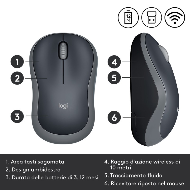 Logitech M185 Mouse Wireless, 2,4 GHz con Mini Ricevitore USB, Durata Batteria di 12 Mesi, Tracciamento Ottico 1000 DPI,