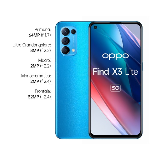 OPPO Find X3 Lite Smartphone 5G, Qualcomm 765G, Display 6.43'' FHD+AMOLED, 4 Fotocamere 64MP, RAM 8GB ESPANDIBILE FINO A
