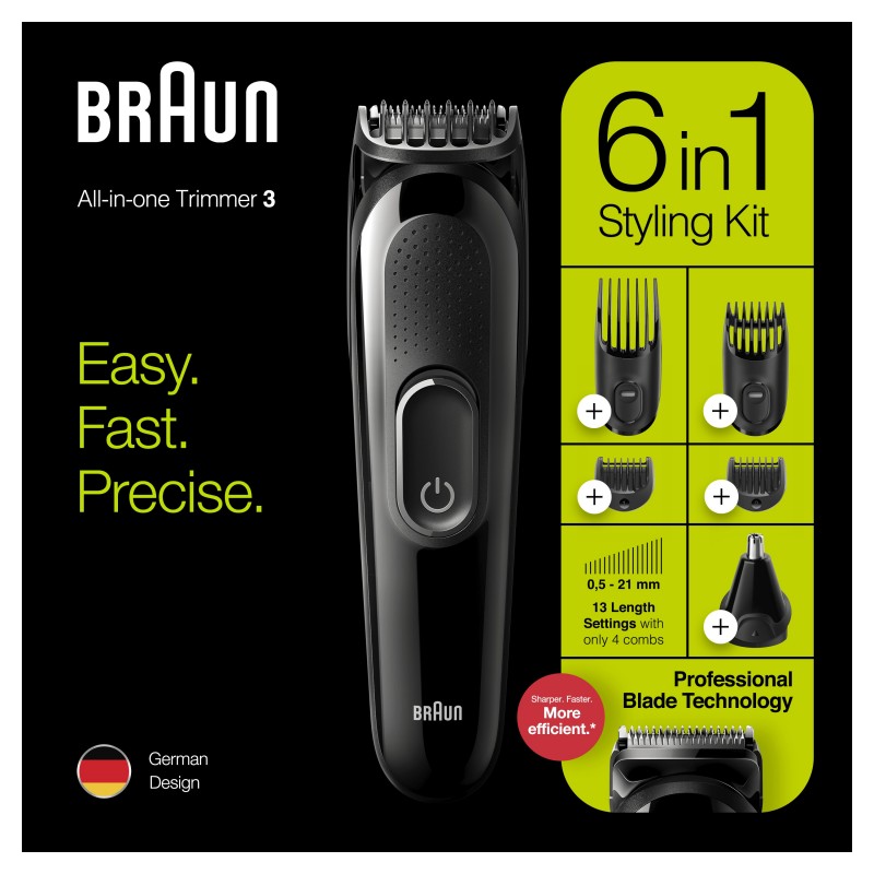 Braun MGK3220 Regolabarba Uomo 6-In-1, Rifinitore Viso, Naso E Orecchie E Tagliacapelli. Nero