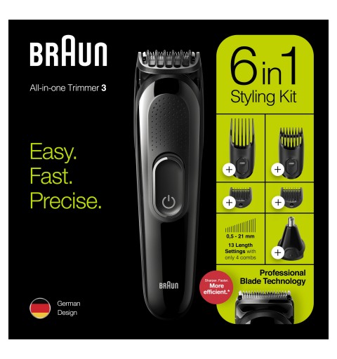 Braun MGK3220 Regolabarba Uomo 6-In-1, Rifinitore Viso, Naso E Orecchie E Tagliacapelli. Nero