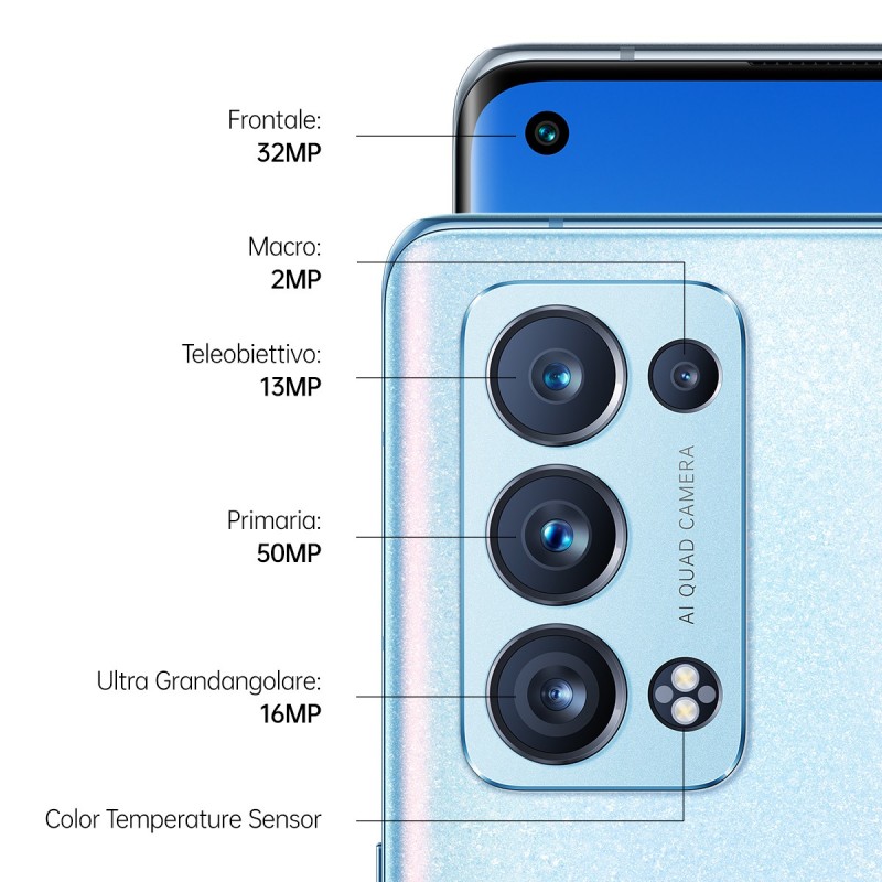 OPPO Reno 6 Pro Smartphone 5G, Qualcomm 870, Display 6.55" FHD+ AMOLED 90Hz, Quadrupla fotocamera 50+16+13+2MP & AI Highlight