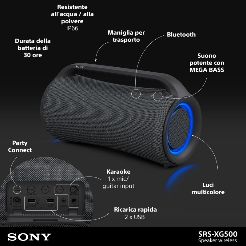 Sony SRS-XG500 - Speaker Bluetooth® portatile e resistente ideale per feste con suono potente, effetti luminosi ed autonomia