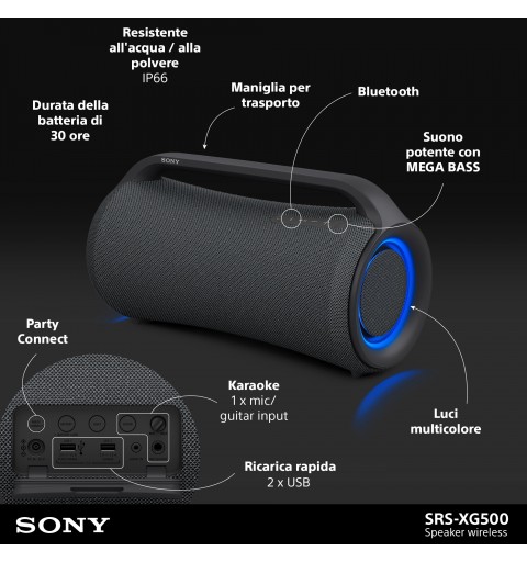 Sony SRS-XG500 - Speaker Bluetooth® portatile e resistente ideale per feste con suono potente, effetti luminosi ed autonomia