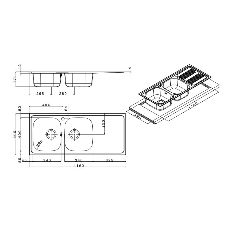 Apell TM1162IRPC évier Evier à poser Rectangulaire Acier inoxydable