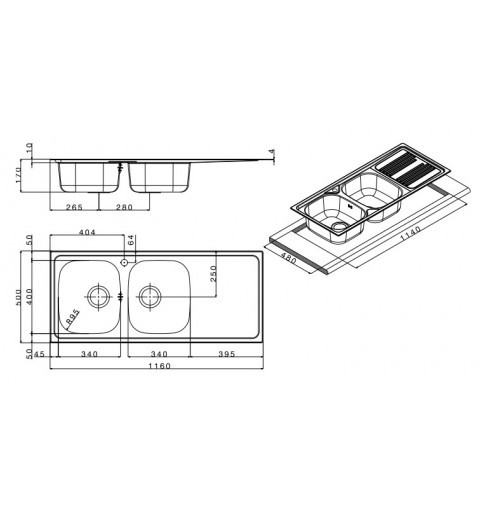 Apell TM1162IRPC évier Evier à poser Rectangulaire Acier inoxydable