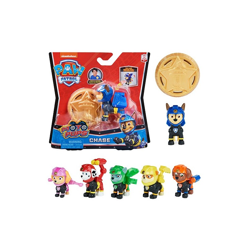 PAW Patrol , Personaggio Moto Pups con distintivo da agente indossabile e zainetto trasformabile, cucciolo a sorpresa, per