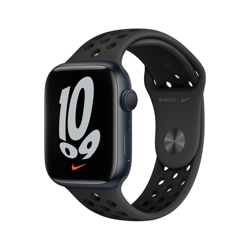 Apple Watch Nike Series 7 GPS, 45mm Cassa in Alluminio Mezzanotte con Cinturino Sport Antracite Nero