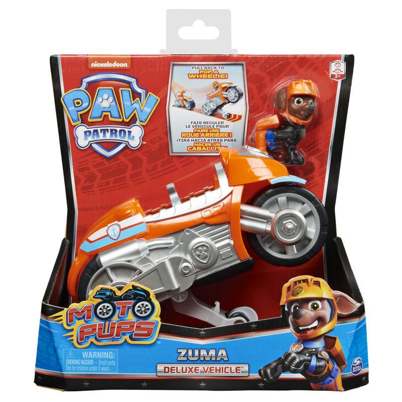 PAW Patrol , Moto Pups Zuma’s Deluxe Pull Back Motorcycle Vehicle with Wheelie Feature and Figure