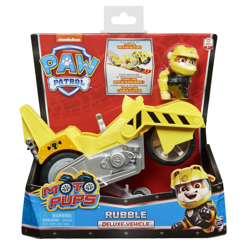 PAW Patrol , veicolo Moto Pups di Rubble, motocicletta con motore a retrocarica e personaggio, per bambini dai 3 anni in su