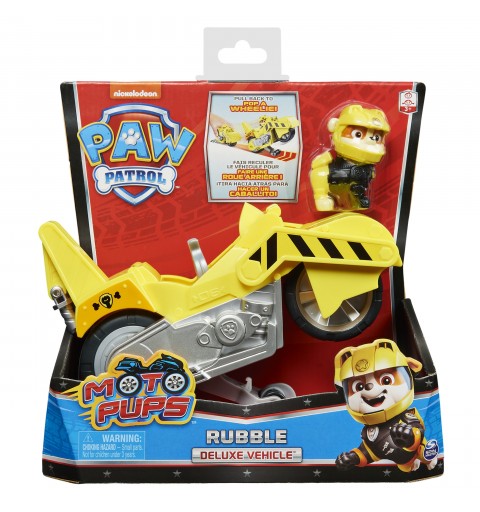 PAW Patrol , Moto Pups Rubble’s Deluxe Pull Back Motorcycle Vehicle with Wheelie Feature and Figure