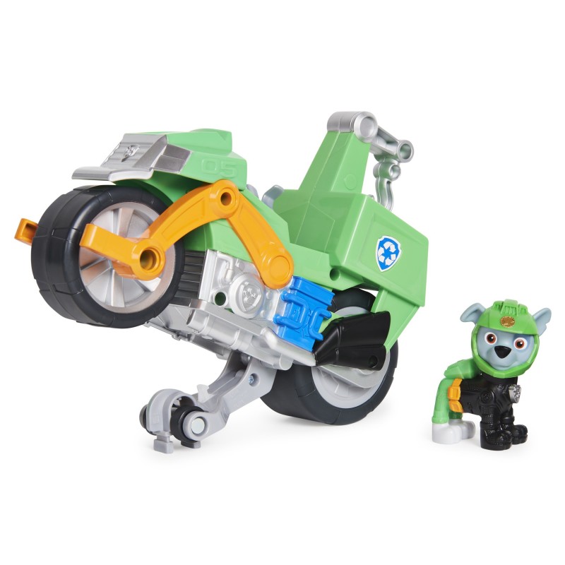PAW Patrol , Moto Pups Rocky’s Deluxe Pull Back Motorcycle Vehicle with Wheelie Feature and Figure