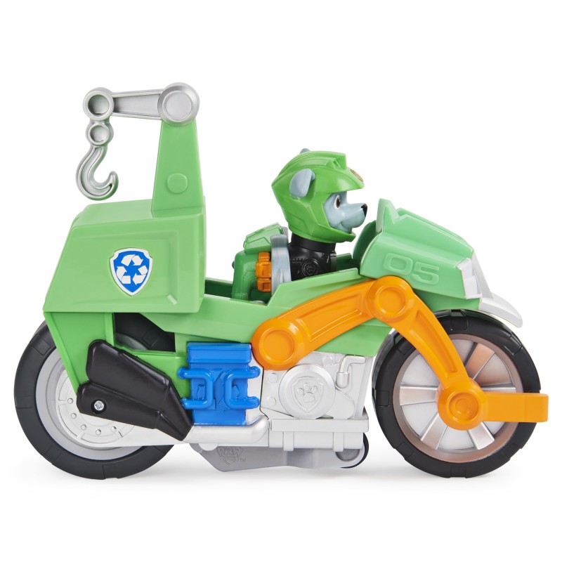PAW Patrol , veicolo Moto Pups di Rocky, motocicletta con motore a retrocarica e personaggio, per bambini dai 3 anni in su