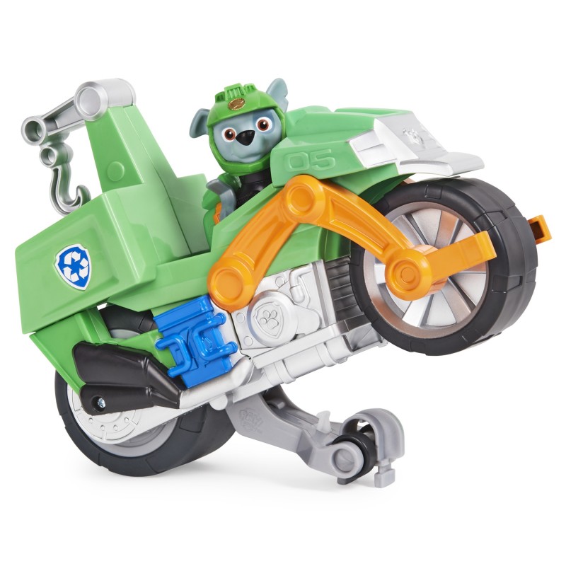 PAW Patrol , veicolo Moto Pups di Rocky, motocicletta con motore a retrocarica e personaggio, per bambini dai 3 anni in su