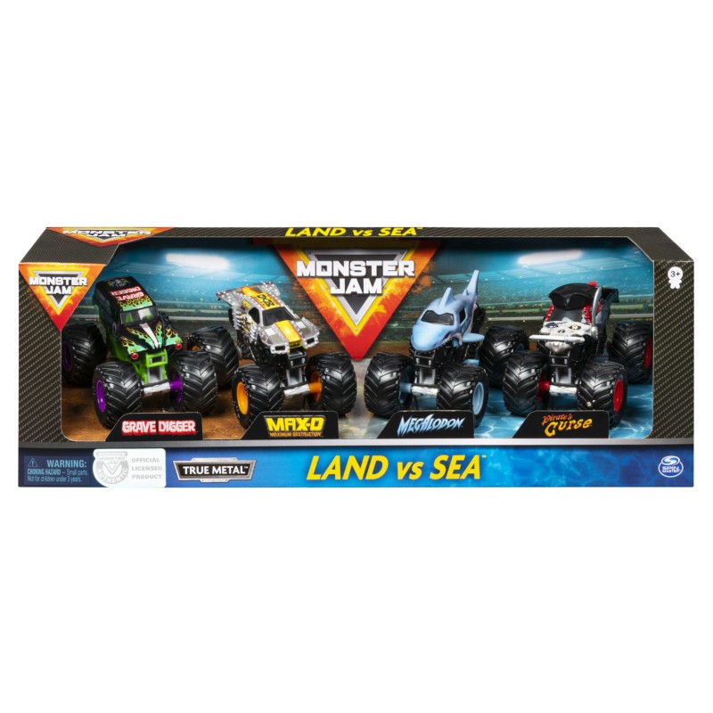 Monster Jam , confezione da 4 Land vs. Sea (Grave Digger, Max-D, Megalodon e Pirate's Curse), veicoli die-cast in scala 1 64