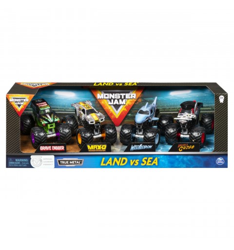 Monster Jam , confezione da 4 Land vs. Sea (Grave Digger, Max-D, Megalodon e Pirate's Curse), veicoli die-cast in scala 1 64