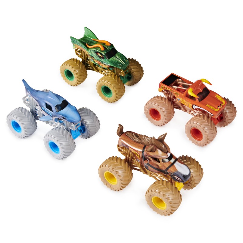 Monster Jam , confezione da 4 Land vs. Sea (Grave Digger, Max-D, Megalodon e Pirate's Curse), veicoli die-cast in scala 1 64