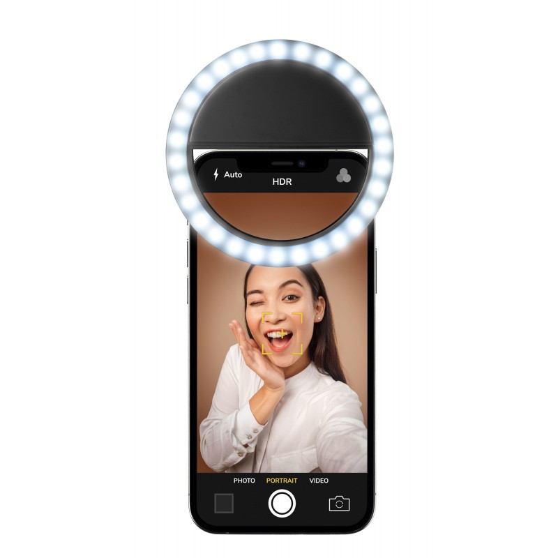 Cellularline Selfie Ring Pocket - Universale Anello led a clip a luminosità regolabile Nero