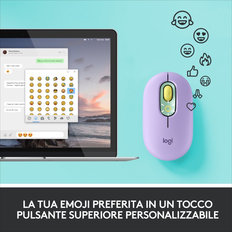 Logitech POP Mouse with emoji souris Ambidextre RF Sans fil + Bluetooth Optique 4000 DPI