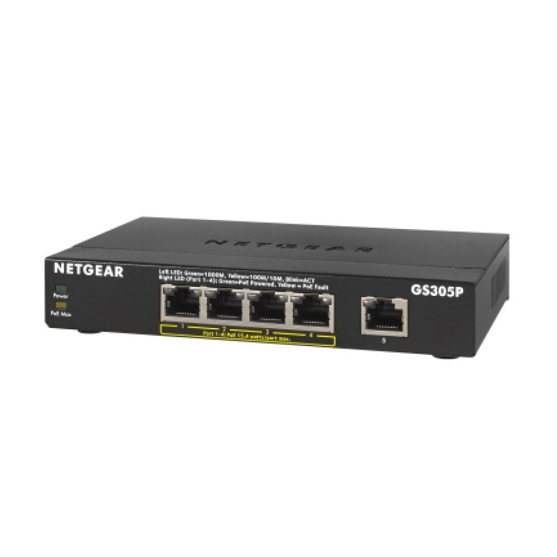 Netgear GS305Pv2 Non gestito Gigabit Ethernet (10 100 1000) Supporto Power over Ethernet (PoE) Nero