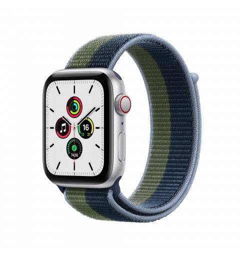 Apple Watch SE GPS + Cellular, 44mm Cassa in Alluminio color Argento con Sport Loop Azzurro Verde Muschio