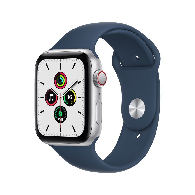 Apple Watch SE GPS + Cellular, 44mm Cassa in Alluminio color Argento con Cinturino Sport Azzurro