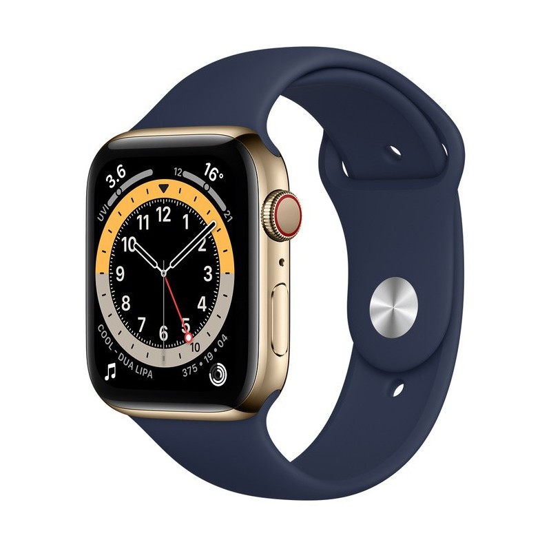 Apple Watch Series 6 GPS + Cellular, 44mm in acciaio inossidabile color oro con cinturino Sport Deep navy